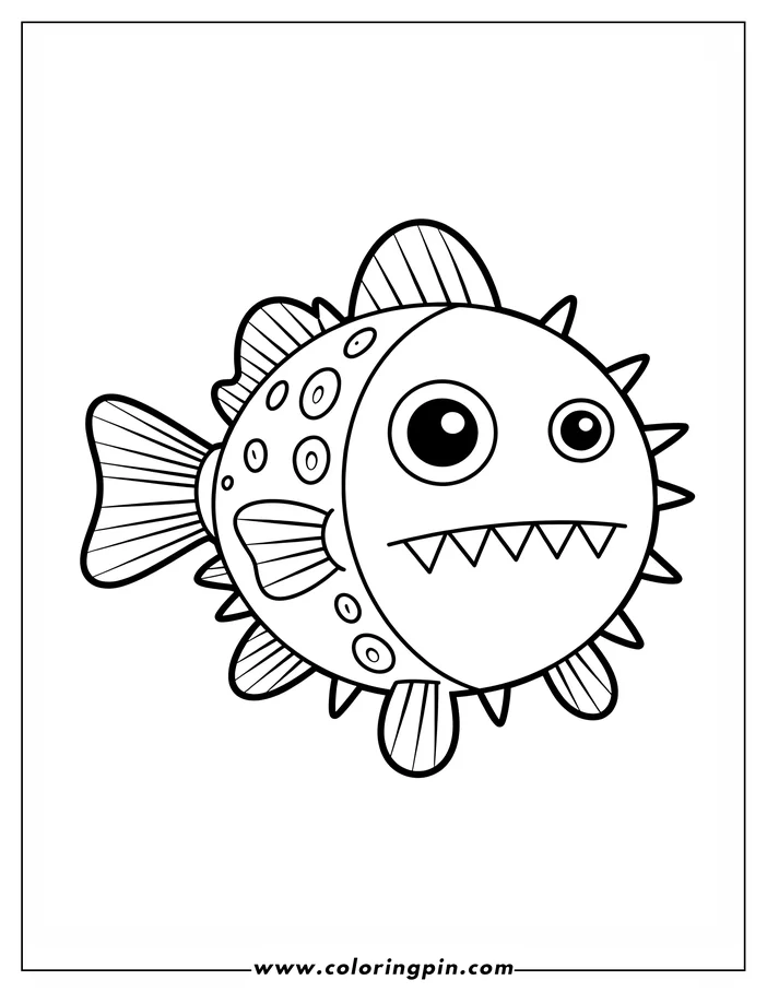 Line art of a cartoon pufferfish with spiky fins and a toothy grin.