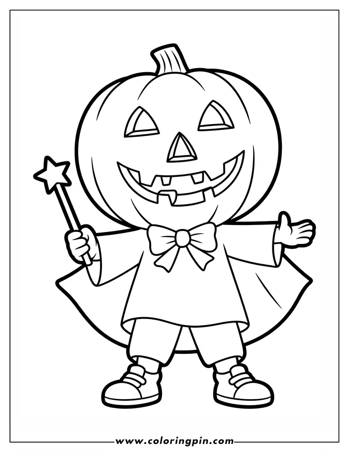 Line art of a cheerful pumpkin-headed magician holding a wand.