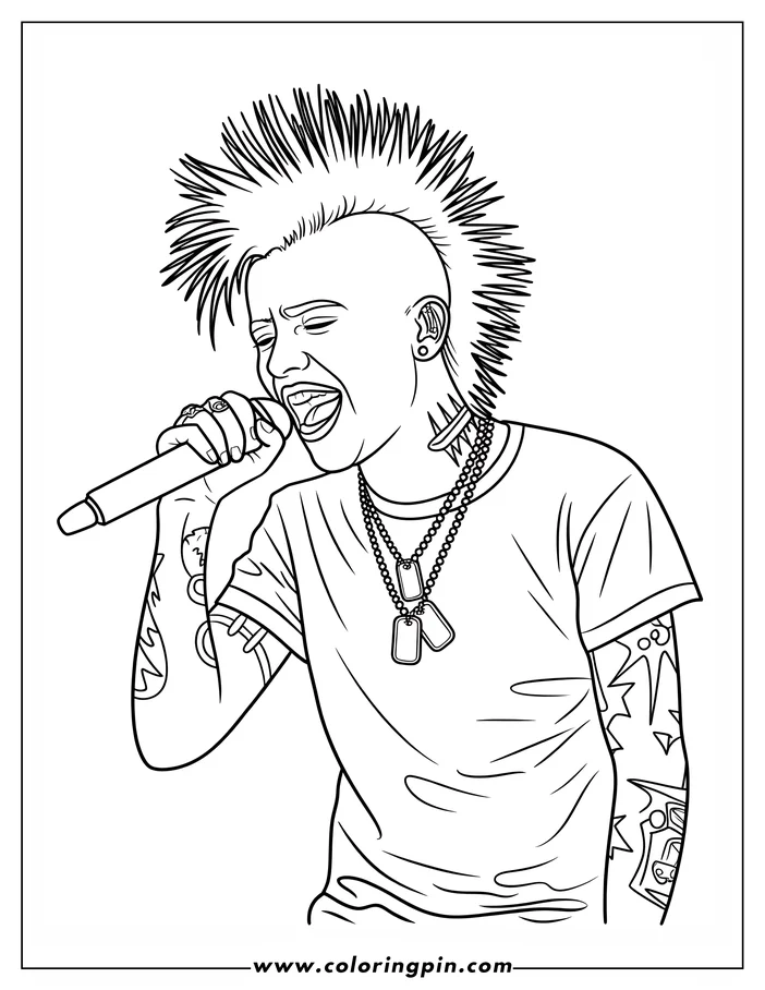 Outline of a punk rocker with a mohawk singing into a microphone. They are wearing a t-shirt, and have tattoos on their arms and two dog tags.