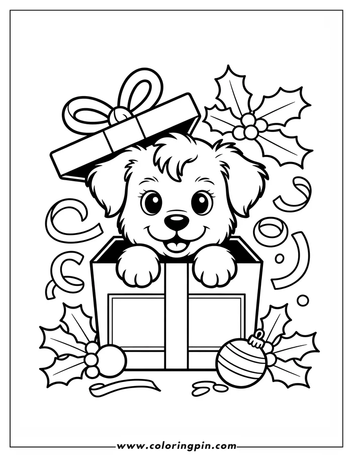 Outline of a cute cartoon puppy inside a Christmas gift box, surrounded by holly, ribbon, and an ornament.