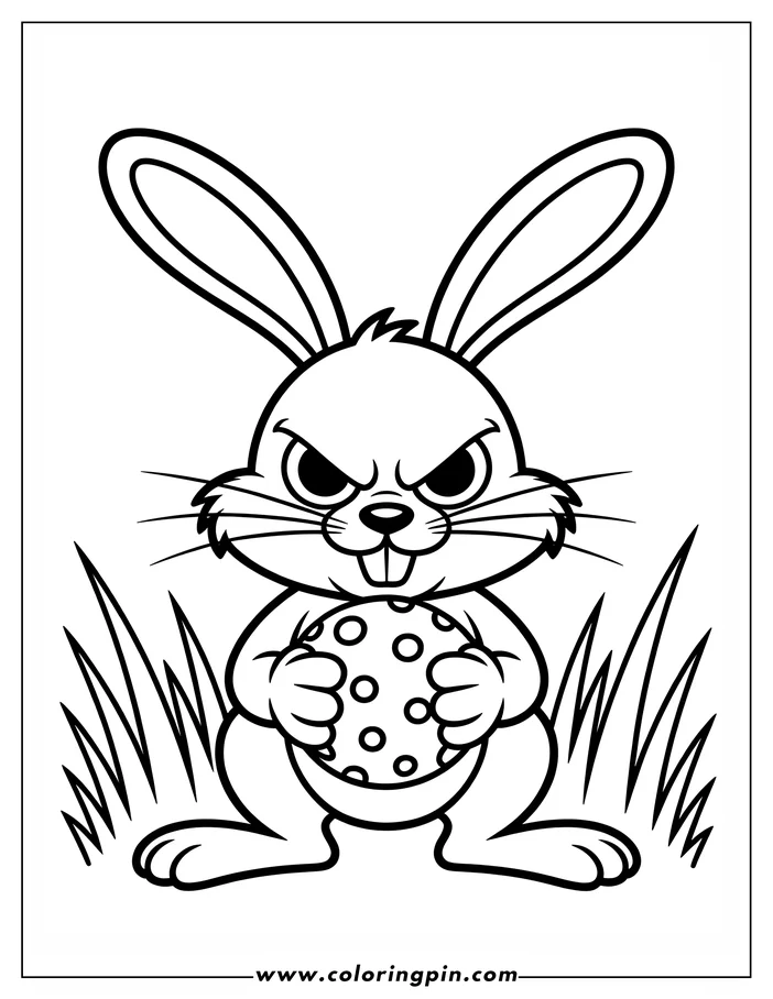 Line art of a cartoon rabbit holding a large cookie. The rabbit has an angry expression.