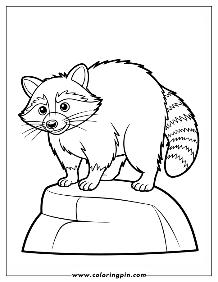Line art of a raccoon standing on a rock. The raccoon has a distinctive striped tail and friendly face.