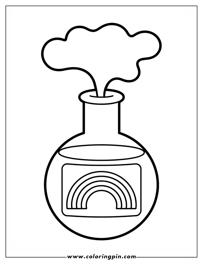 Outline of a round beaker with a rainbow inside and smoke coming out of the top.