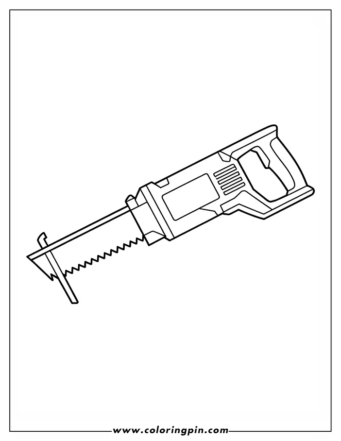 Line art of a reciprocating saw with a handle and serrated blade.