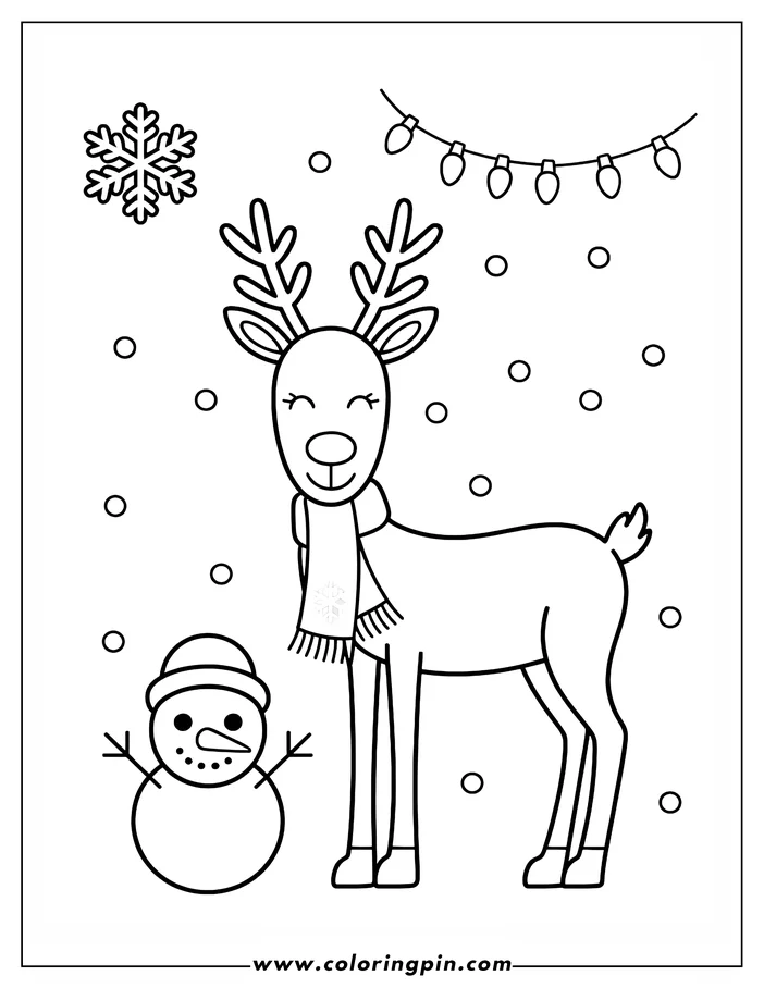 Line art of a Christmas reindeer and a snowman in a snowy setting, with festive string lights.  The reindeer wears a scarf with a snowflake design. A simple, ready-to-color Christmas coloring page design.