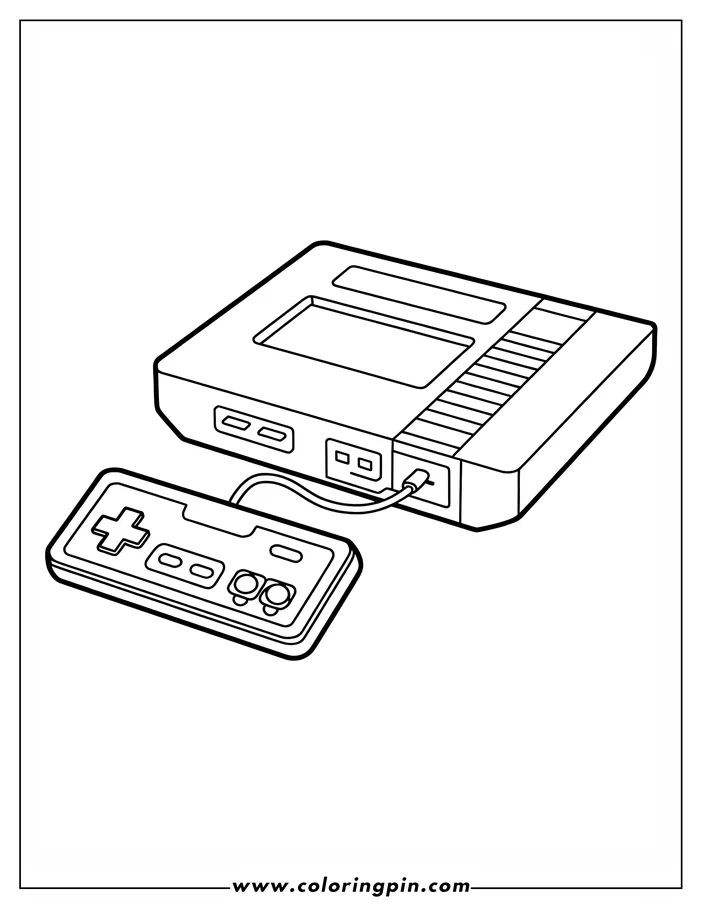 Line art of a retro game console and its controller.
