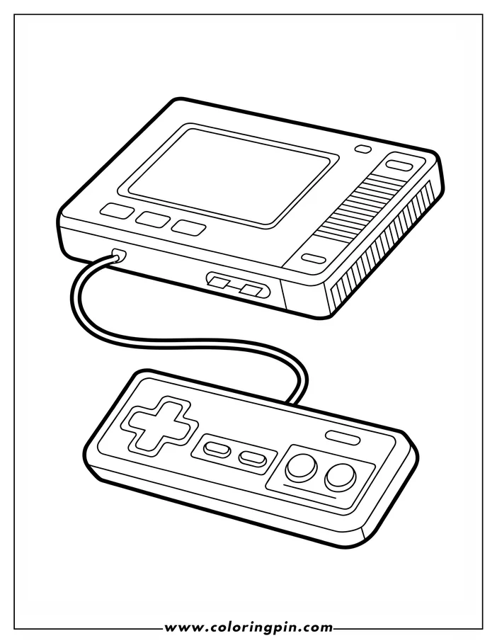 Outline of a retro handheld game console with a wired controller, featuring a small screen, buttons, and a directional pad.
