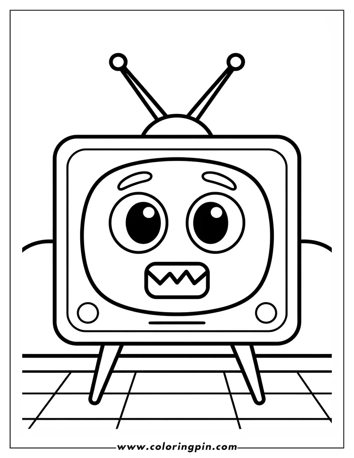 Outline of a retro TV with a surprised expression, standing on a tiled floor.
