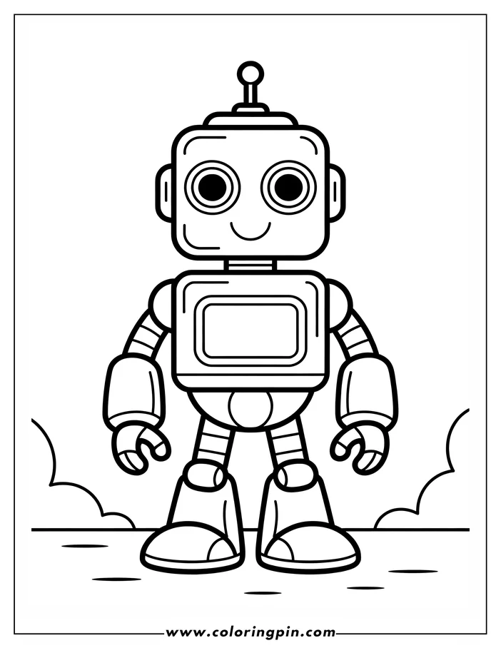 Line art of a friendly cartoon robot, ready to be colored in.