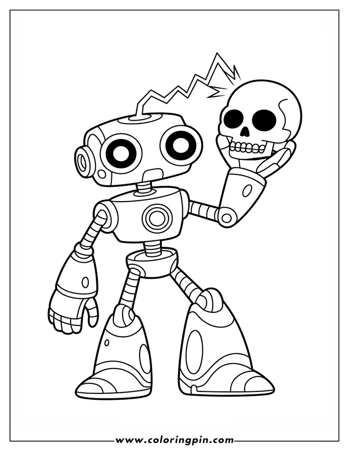 Cartoon robot holding a skull, with a jagged line emanating from its antenna.