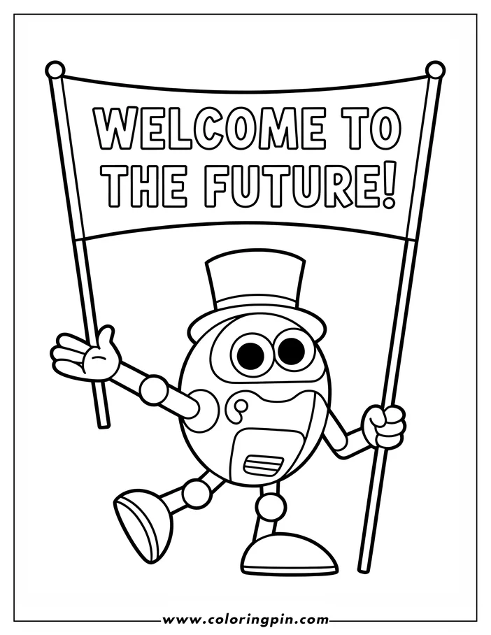 Outline of a cartoon robot holding a banner that reads "Welcome to the Future!"