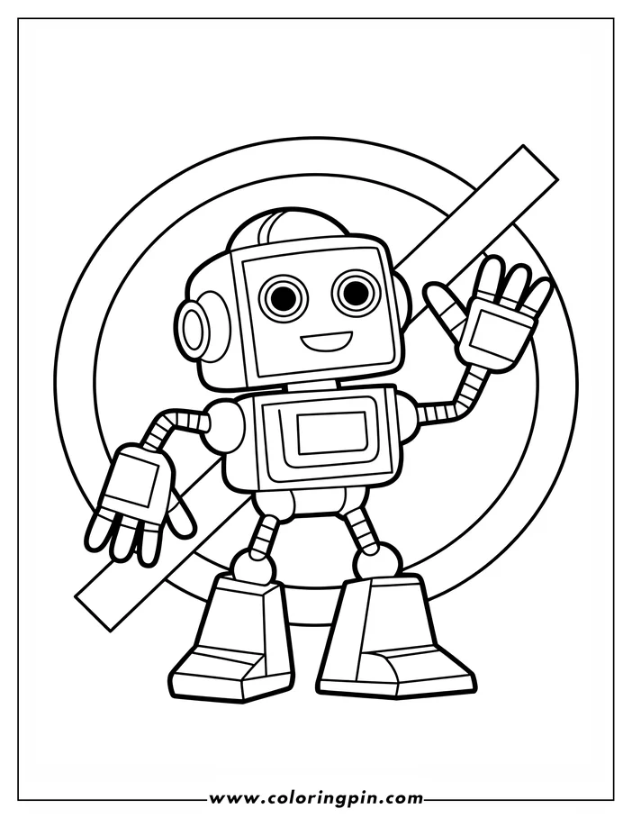 Line art of a friendly robot waving, with large round eyes and mitten-shaped hands.
