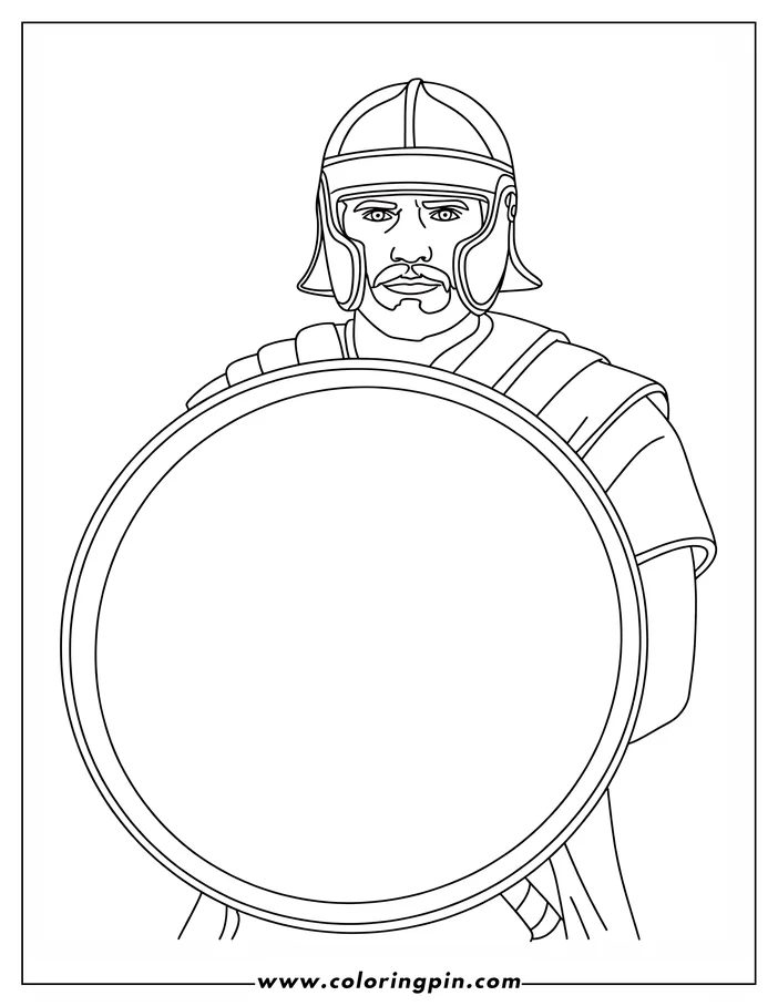Line art of a Roman soldier holding a large round shield. He wears a helmet and armor.