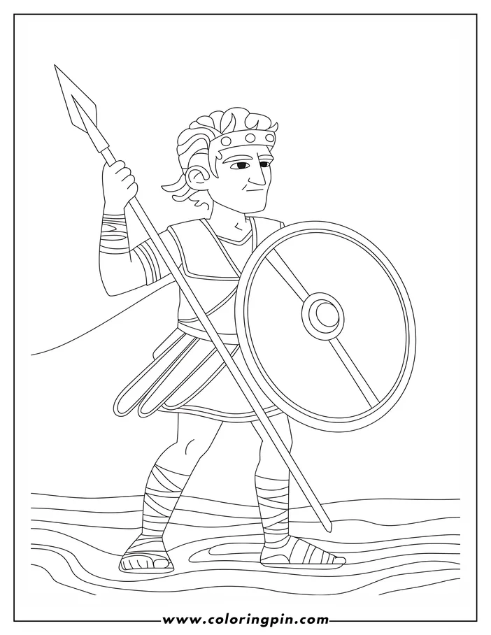 Line drawing of a Roman soldier holding a spear and shield, ready to be colored.