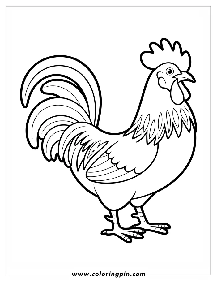 Line art of a rooster with a large tail and comb.