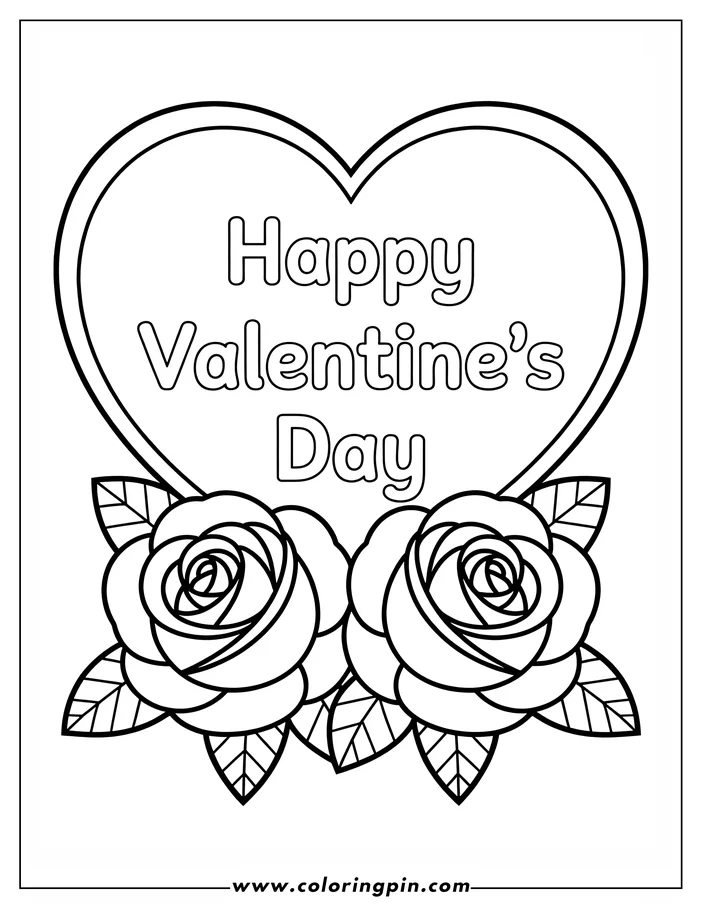 Line art of two roses with leaves below a heart with "Happy Valentine's Day" written inside