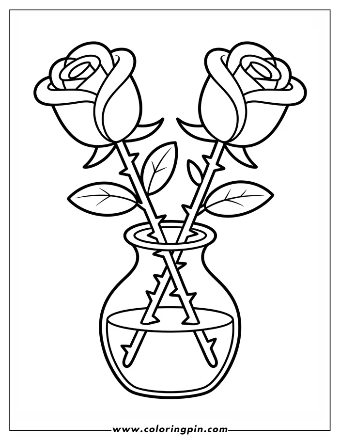 Line art of two roses with thorns in a vase of water.
