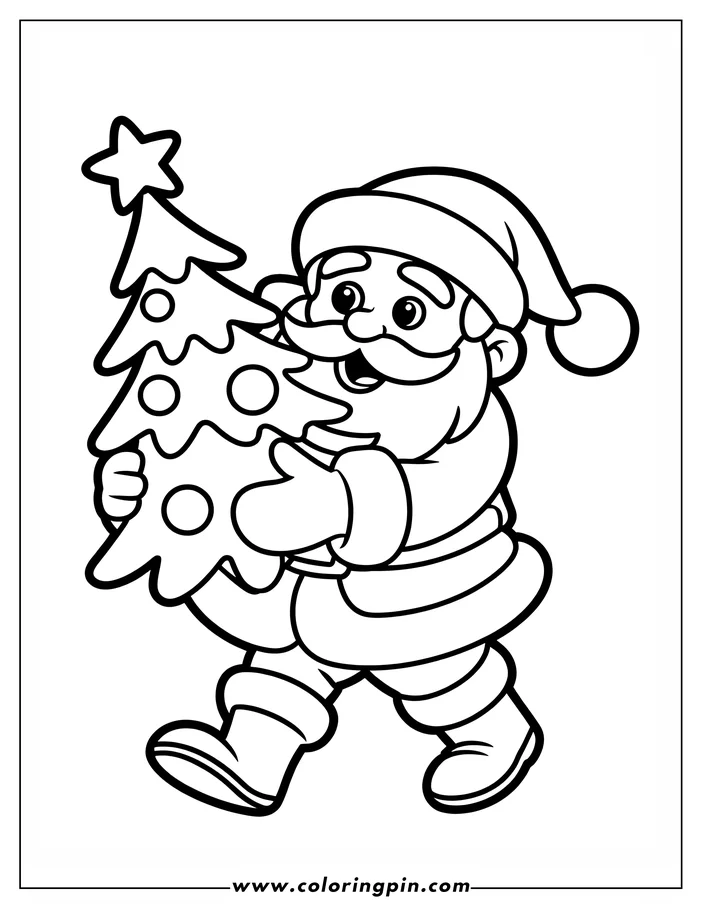 Line art of Santa Claus carrying a decorated Christmas tree. He is smiling and wearing his traditional suit and hat.