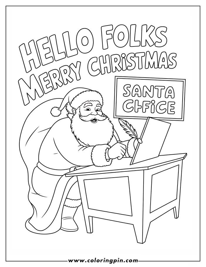 Line art of Santa Claus sitting at his desk in his office writing with a quill. A sign in the background indicates this is Santa's office.