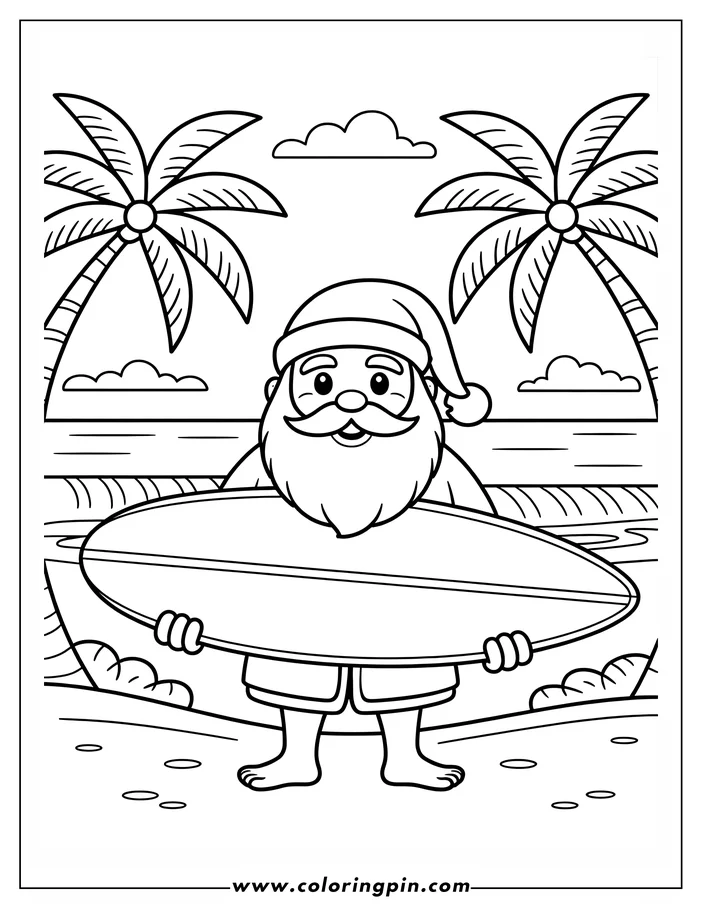 Line art of Santa Claus on the beach holding a surfboard, with palm trees and the ocean in the background.