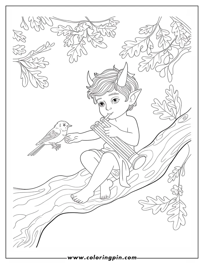 Line art of a satyr sitting in an oak tree playing panpipes for a small bird perched on his hand.