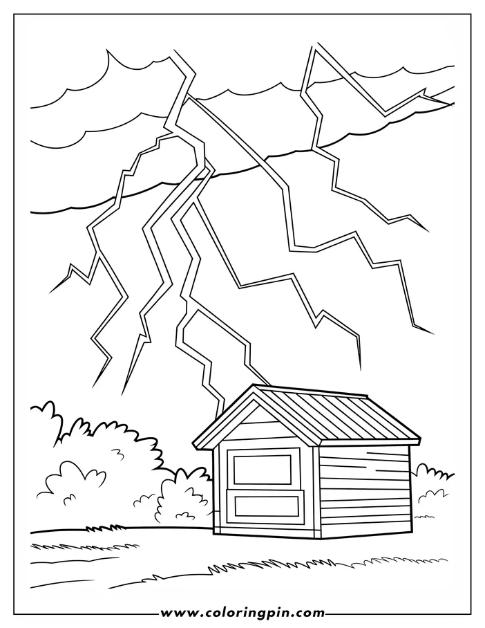 Outline of a small wooden shed in a grassy yard with lightning striking from storm clouds above.