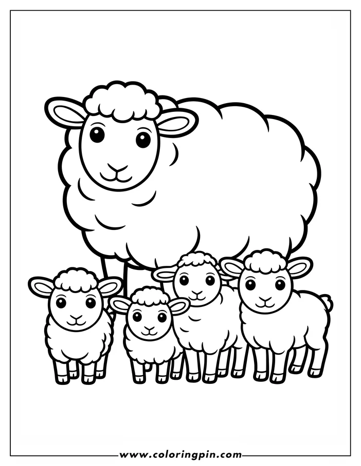 Outline of a mother sheep with three lambs. The sheep has fluffy wool, and the lambs appear playful.
