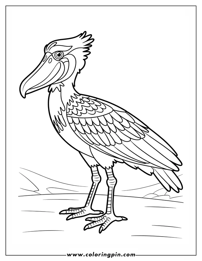 Line art of a shoebill stork.  It has a large, shoe-shaped bill, a feathered body, and long legs.