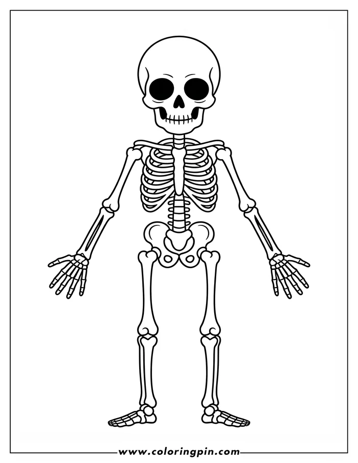 Line drawing of a cartoon skeleton with arms outstretched.