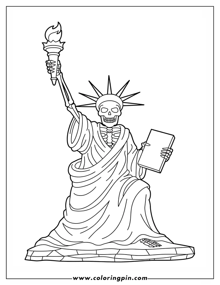Line art of a skeleton Statue of Liberty, holding a torch and a tablet, standing on a pedestal.