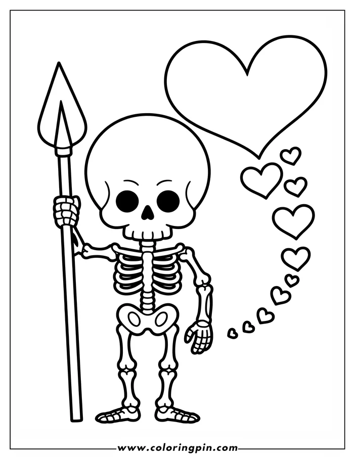 Outline of a cartoon skeleton holding a spear, with hearts floating nearby.