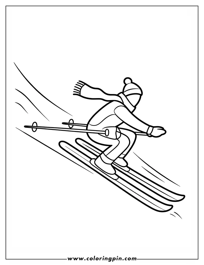 Outline of a person skiing downhill at speed, wearing a winter hat, scarf, and gloves, with ski poles extended.