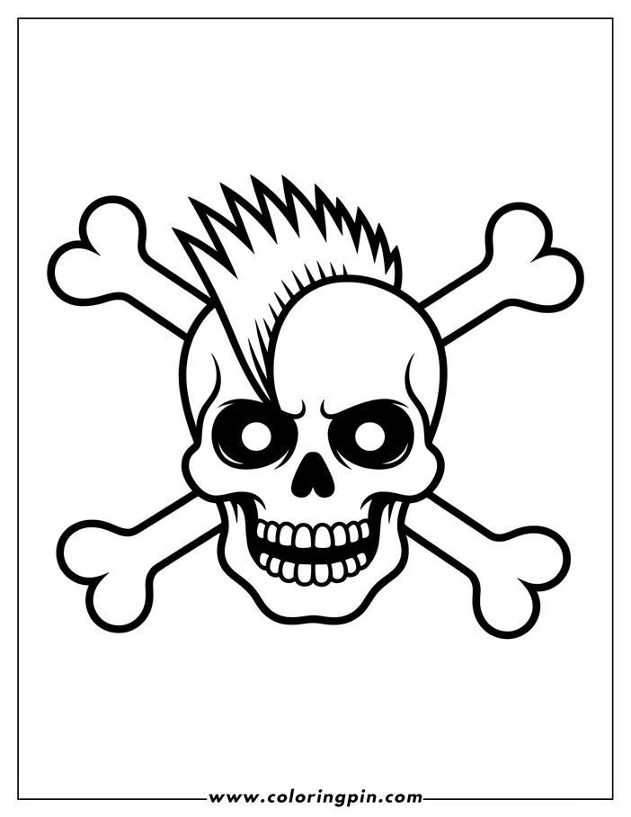 Line art of a skull with a mohawk hairstyle and crossbones