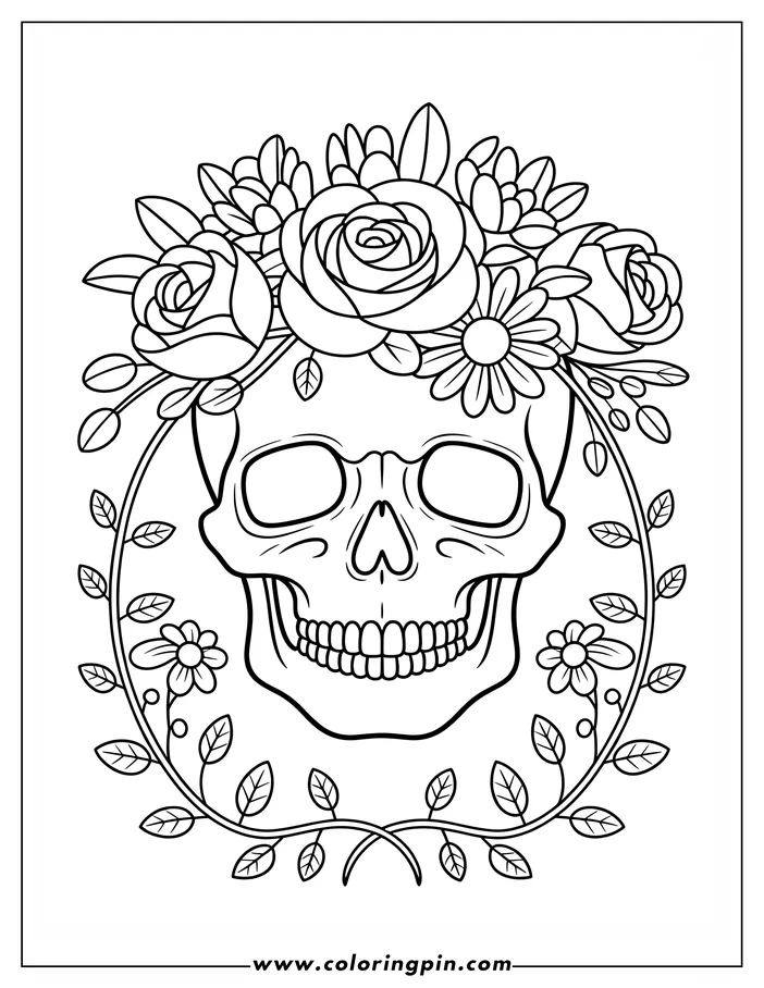 Outline of a skull wearing a crown of roses, daisies, and other flowers, framed by a leafy floral wreath.