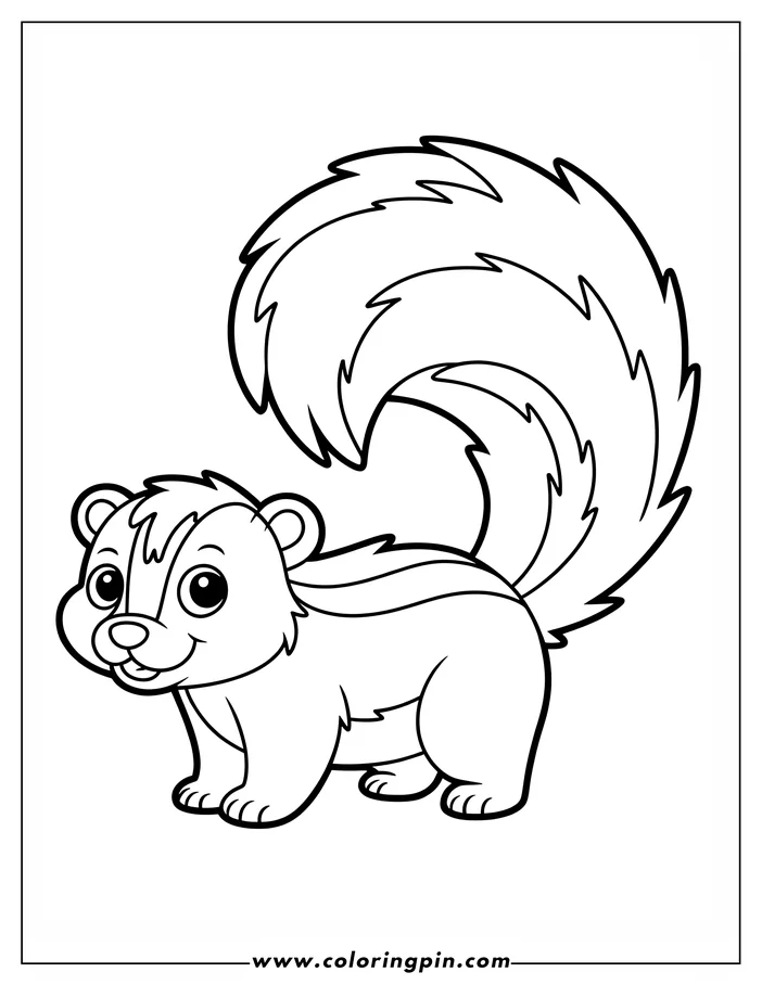 Line art of a skunk with a large, bushy tail.