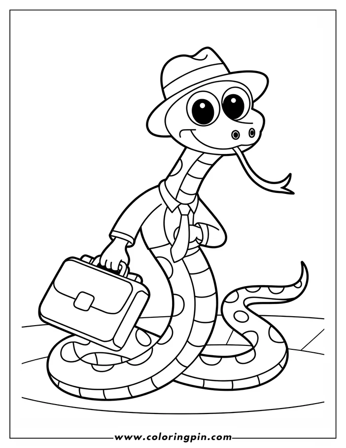 Outline of a cartoon snake wearing a hat, shirt and tie, and holding a briefcase.