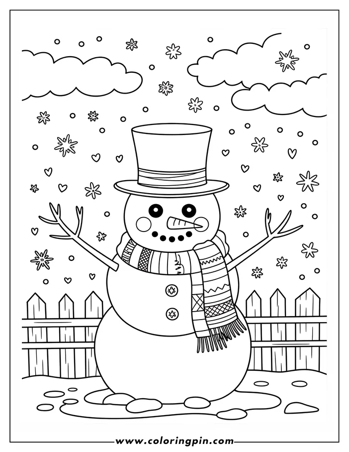 Outline of a snowman standing by a wooden fence, wearing a top hat and patterned scarf in a snowy scene.