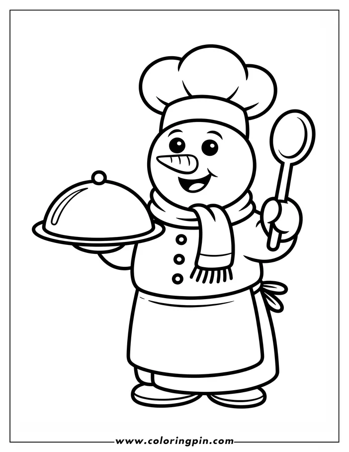 Outline of a snowman dressed as a chef holding a platter and a spoon.