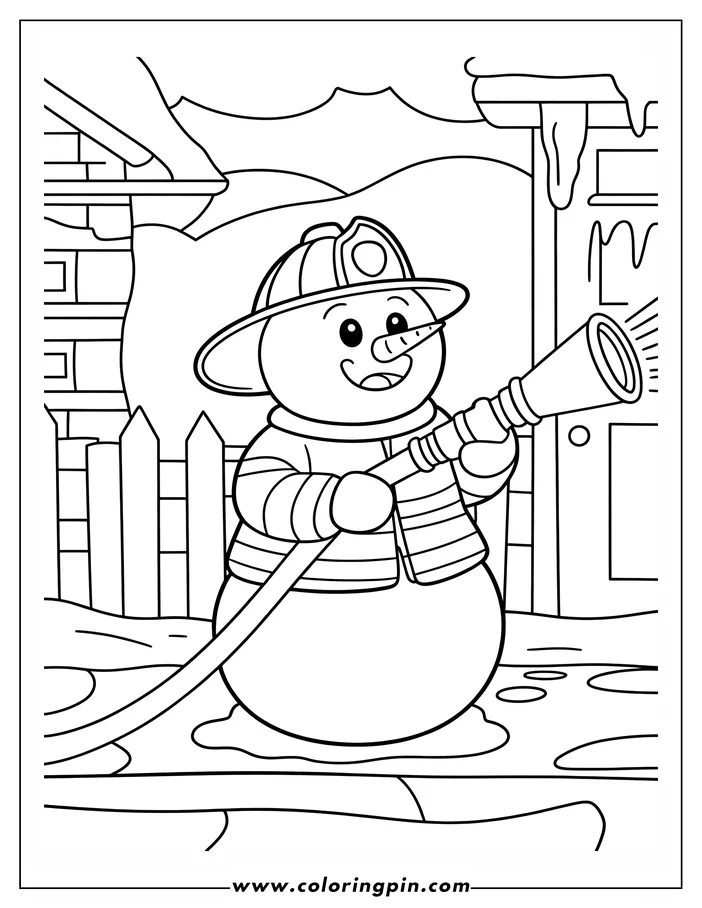 Outline of a snowman dressed as a firefighter, holding a firehose and wearing a helmet.