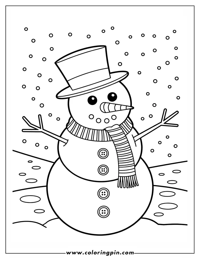 Outline of a snowman wearing a top hat and scarf, standing in falling snow.