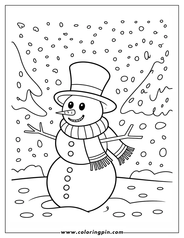 Outline of a cheerful snowman wearing a top hat and scarf in a snowy landscape. He has a carrot nose, coal eyes, and stick arms.