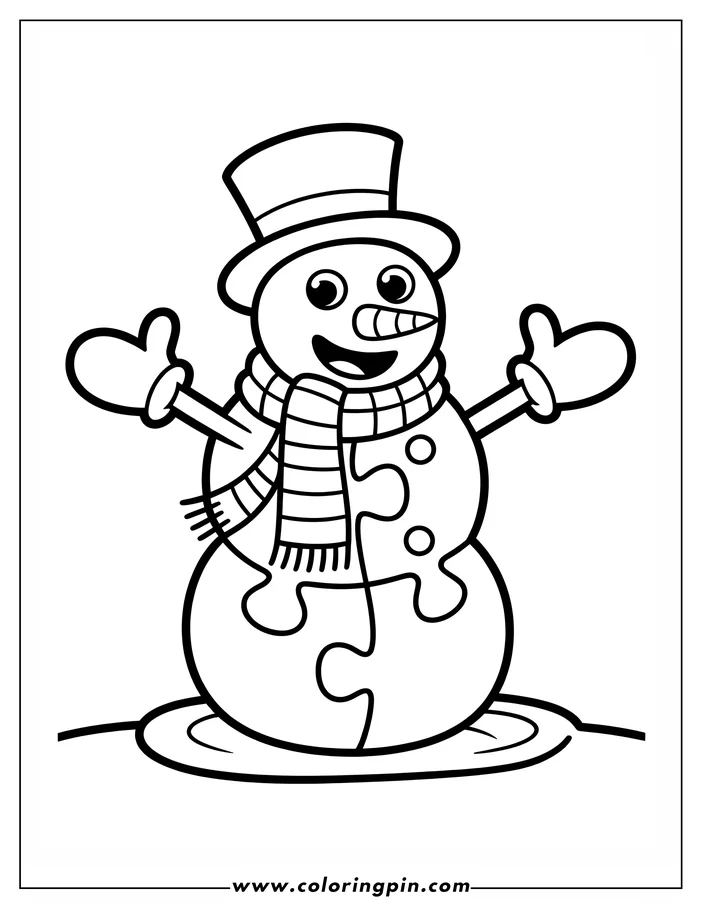 Outline of a melting snowman with a top hat, scarf, and mittens, standing in a puddle.