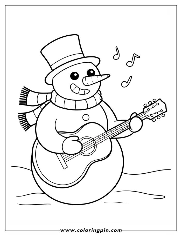 Outline of a snowman wearing a top hat and scarf, playing an acoustic guitar with musical notes floating around him.