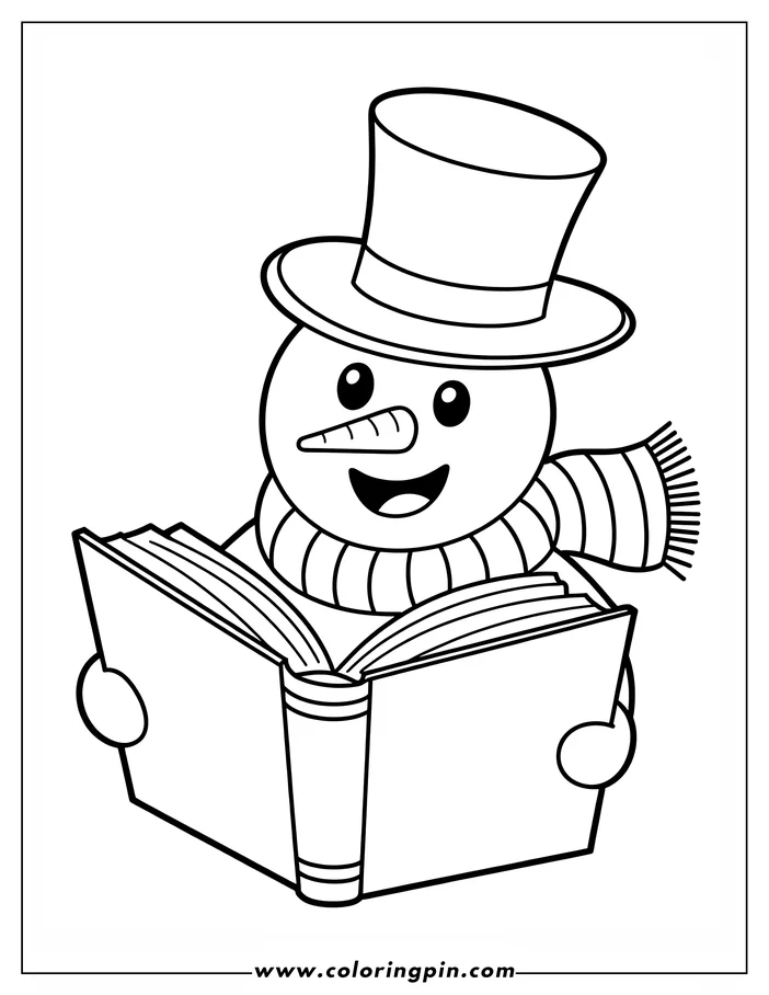 Outline of a snowman wearing a top hat and scarf, happily reading an open book.