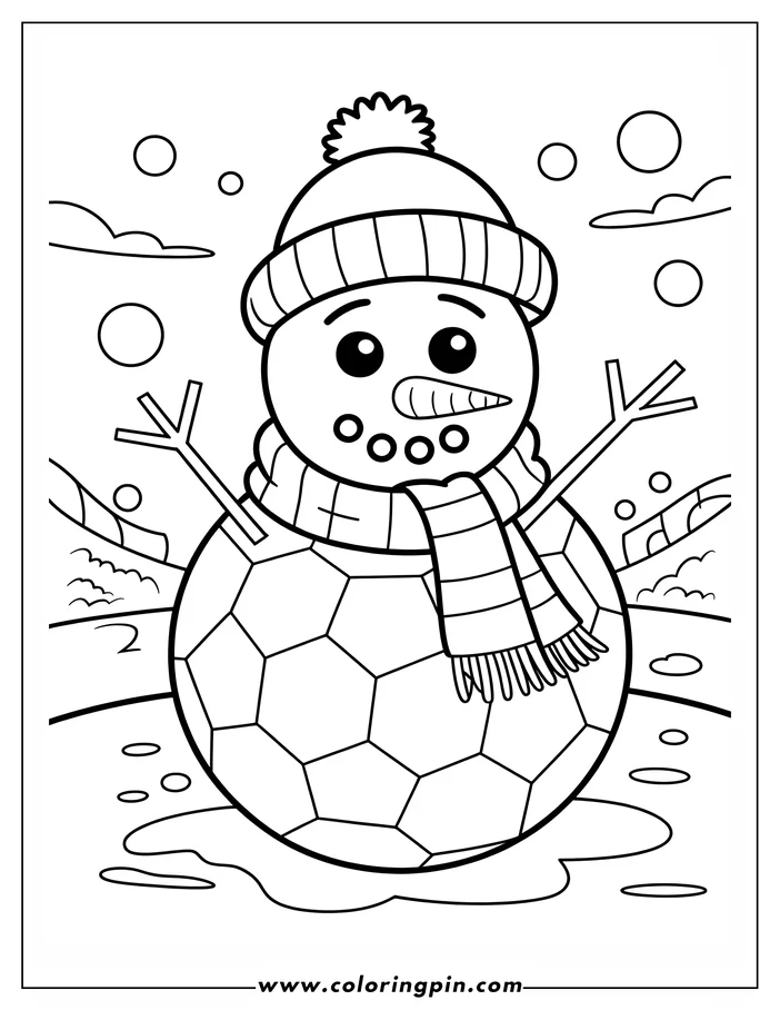 Outline of a cartoon snowman sitting inside a soccer ball, wearing a winter hat and scarf, surrounded by snowflakes and puddles.