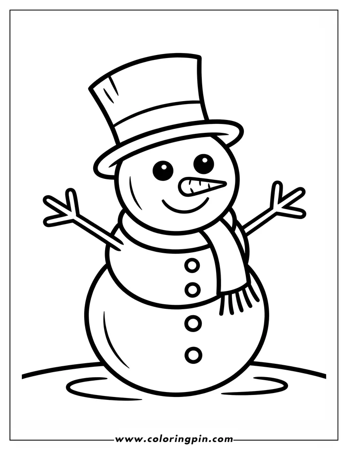 Outline of a smiling snowman wearing a top hat and scarf