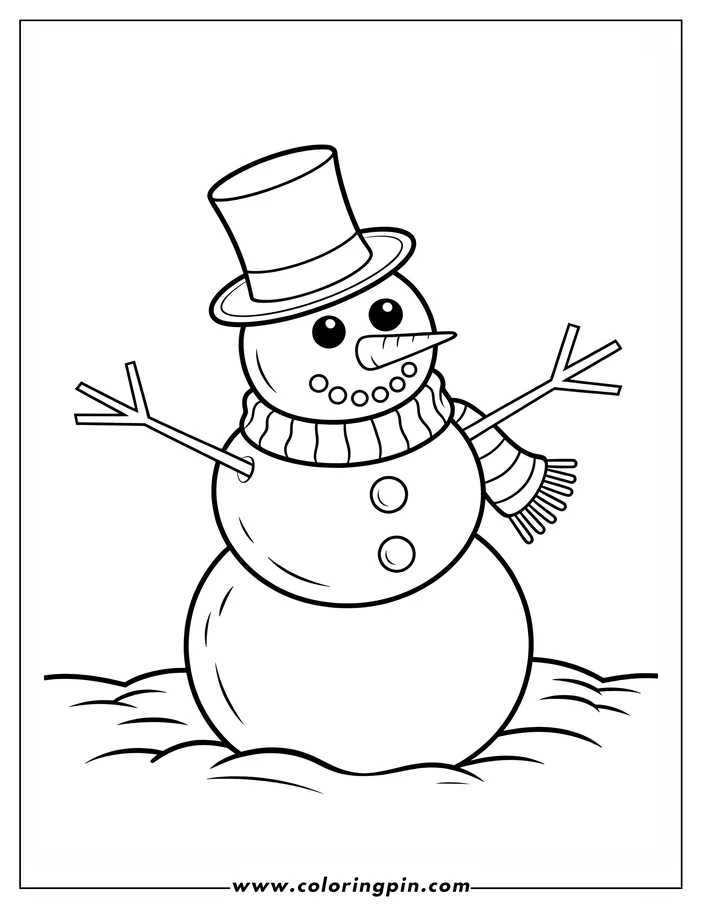 Outline of a snowman wearing a top hat and scarf, standing in the snow.