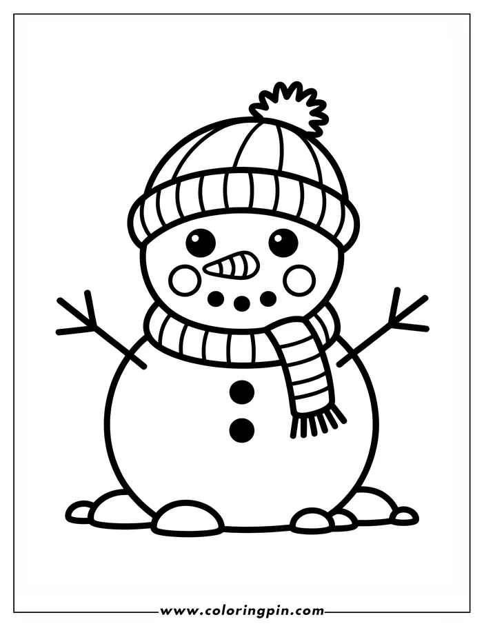 Outline of a friendly snowman wearing a winter hat and scarf, ready to be colored.