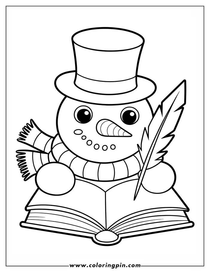 Line art of a snowman wearing a top hat and scarf, writing in an open book with a quill.