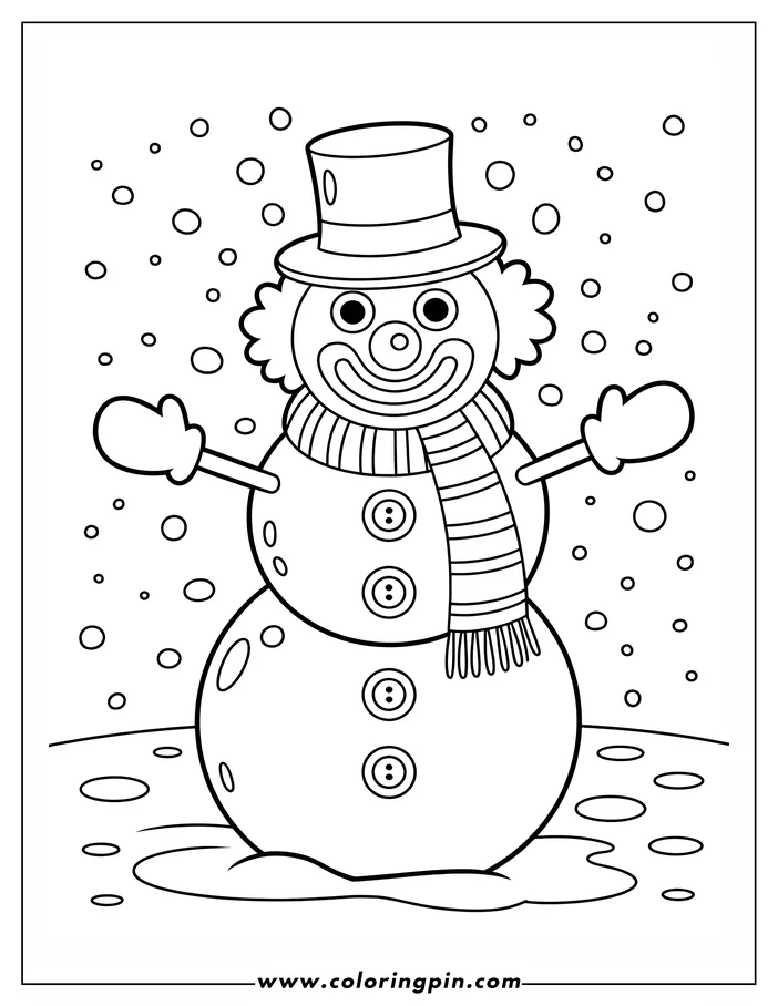 Outline of a snowman with a clown face, wearing a top hat and scarf, standing in the snow.